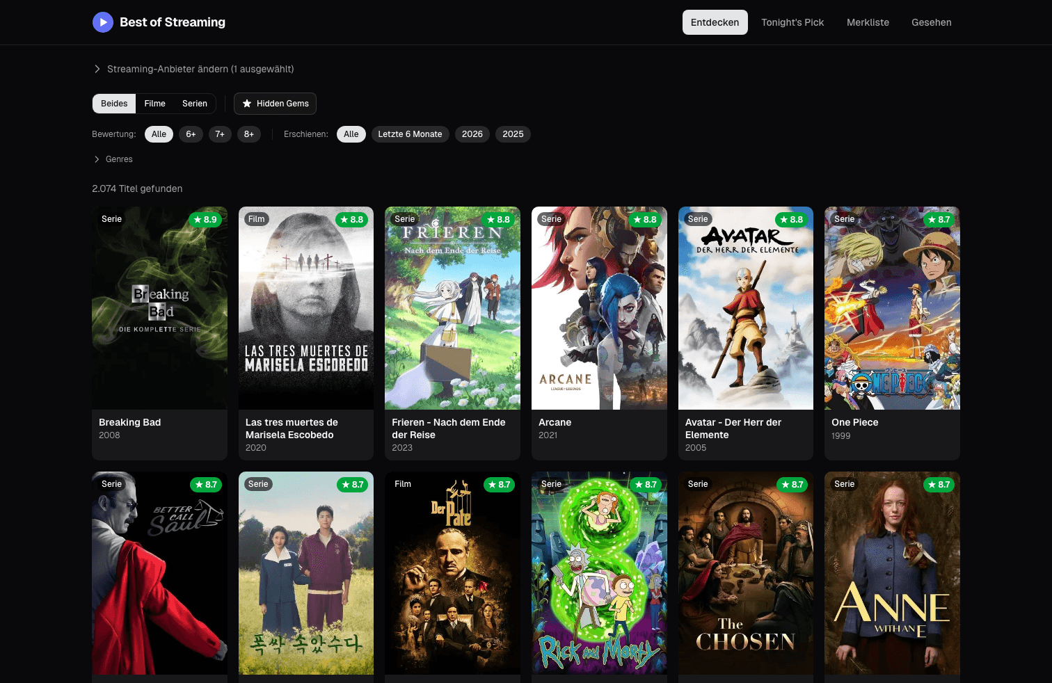 Desktop-Ansicht von Best of Streaming mit Filterleiste und Titelkarten